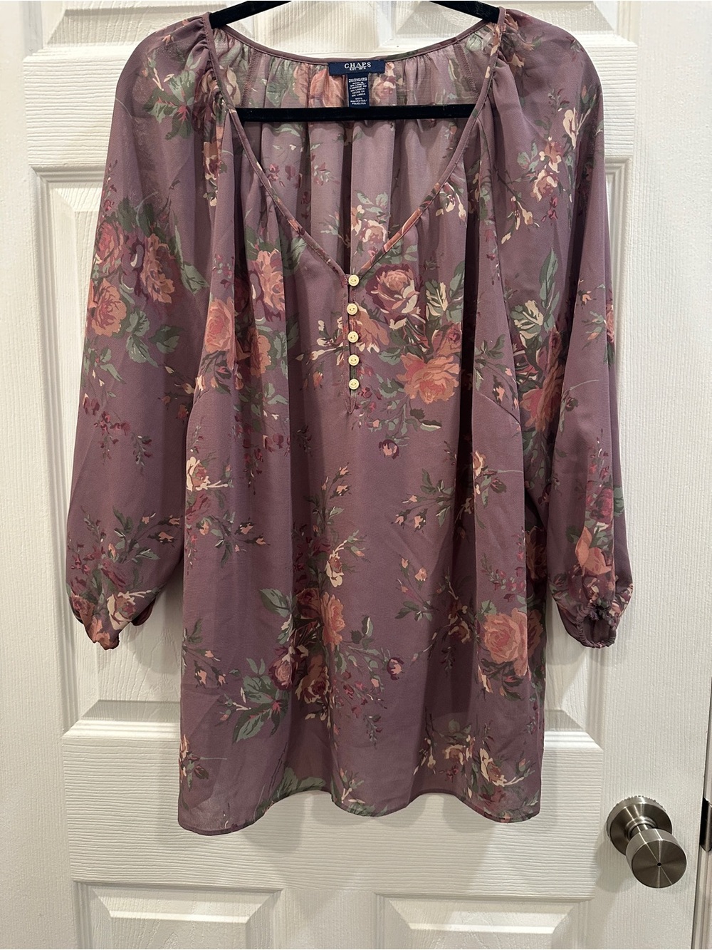 Chaps Women's 2X Purple Floral Chiffon V-Neck 3/4 Sleeve Tunic Blouse EUC
